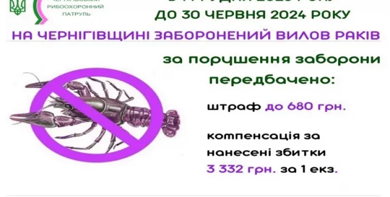 На Чернігівщині з 1 грудня розпочинається заборона на вилов раків